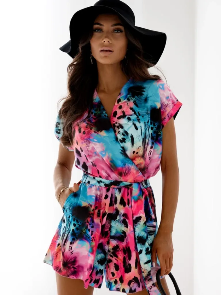 New Krótki i wzorzysty kombinezon damski z kopertowym dekoltem Kombinezony