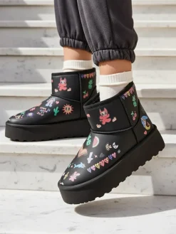 Sale Krótkie buty a'la śniegowce damskie z naklejkami Hanaga Śniegowce|Botki Na Platformie