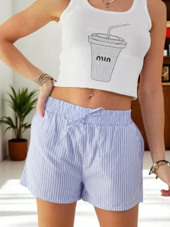 Online Krótkie spodenki damskie z gumką i troczkami w pasie we wzór w paski Szorty|Krótkie Spodenki