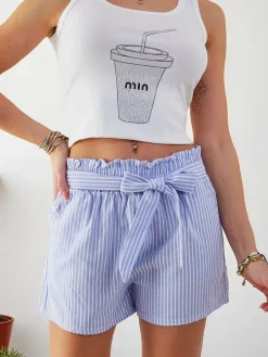 Outlet Krótkie spodenki damskie z gumką i troczkami w pasie we wzór w paski Szorty|Krótkie Spodenki
