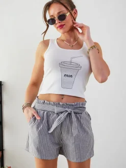 Discount Krótkie spodenki damskie z gumką i troczkami w pasie we wzór w paski Szorty|Krótkie Spodenki