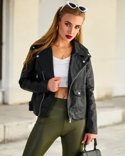 Outlet Kurtka damska typu ramoneska z eko skóry Kurtki / Marynarki / Płaszcze