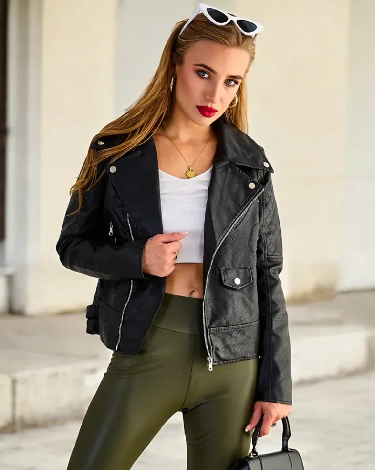 Outlet Kurtka damska typu ramoneska z eko skóry Kurtki / Marynarki / Płaszcze