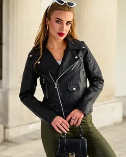 Outlet Kurtka damska typu ramoneska z eko skóry Kurtki / Marynarki / Płaszcze