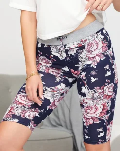Best Kwiatowe spodenki damskie 3/4 w kolorze granatowo- różowym Spodenki 3/4|Krótkie Spodenki