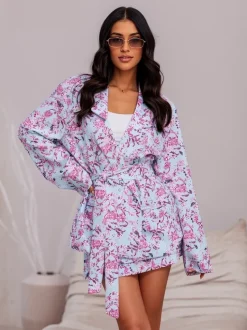 Best Kwiatowy damski komplet z wiązaną marynarką i spódnico- spodenkami Damskie Komplety Damskie