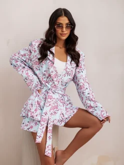 Best Kwiatowy damski komplet z wiązaną marynarką i spódnico- spodenkami Damskie Komplety Damskie