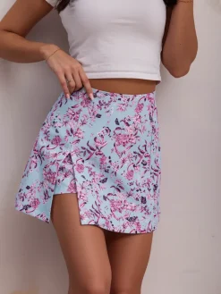 Best Kwiatowy damski komplet z wiązaną marynarką i spódnico- spodenkami Damskie Komplety Damskie