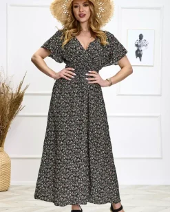 Best Kwiecista czarna damska sukienka Sukienki Letnie|Sukienki Długie