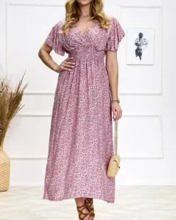 Sale Kwiecista damska różowa sukienka midi Sukienki Letnie|Sukienki Długie