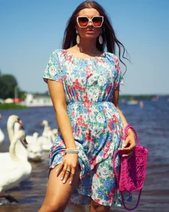 Outlet Kwiecista damska sukienka mini a'la hiszpanka w kolorze niebieskim Plus Size