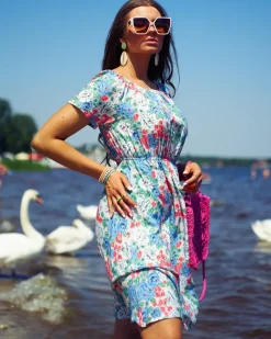 Outlet Kwiecista damska sukienka mini a'la hiszpanka w kolorze niebieskim Plus Size