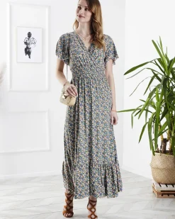 Outlet Kwiecista damska sukienka midi w kolorze zielonym Sukienki Letnie|Sukienki Długie