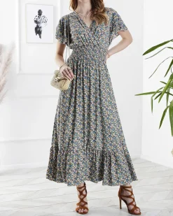 Outlet Kwiecista damska sukienka midi w kolorze zielonym Sukienki Letnie|Sukienki Długie