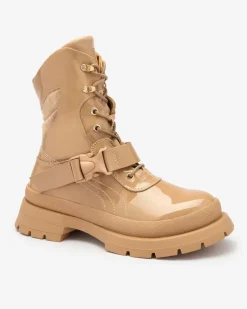 Sale Lakierowane botki damskie w kolorze jasnobrązowym Setogy Botki Bez Ocieplenia|Botki Sznurowane