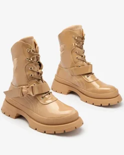 Sale Lakierowane botki damskie w kolorze jasnobrązowym Setogy Botki Bez Ocieplenia|Botki Sznurowane