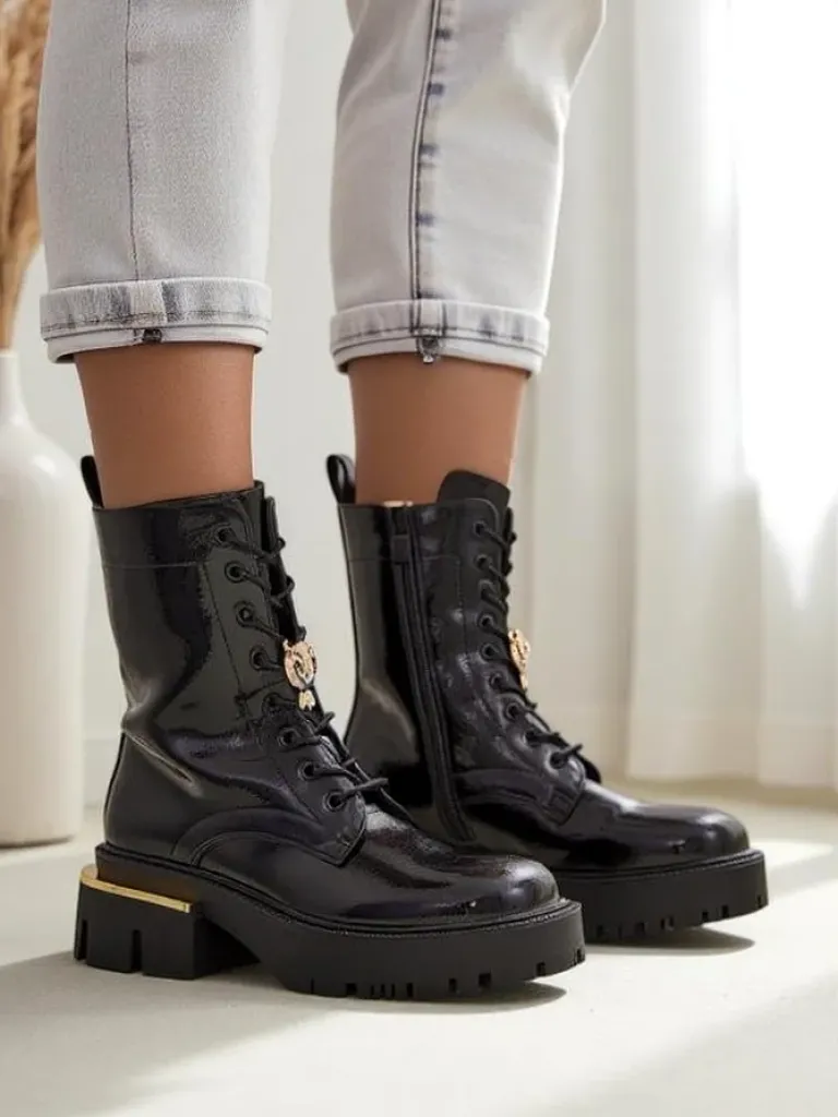 Lakierowane damskie botki typu workery Tesiolle Workery|Botki Sznurowane