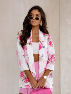 Clearance Marynarka damska bez zapięcia z kwiatami róży Kurtki / Marynarki / Płaszcze