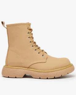 Best Matowe jasnobrązowe botki damskie Kucillo Botki Bez Ocieplenia|Botki Sznurowane