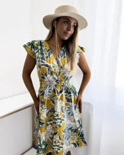 Outlet Musztardowa sukienka damska mini z printem w kwiaty Sukienki Letnie|Sukienki Krótkie