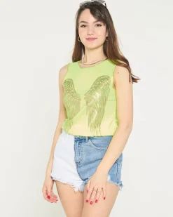 Outlet owy żółty damski top ze złotym nadrukiem skrzydeł Bluzki / Koszule / Koszulki