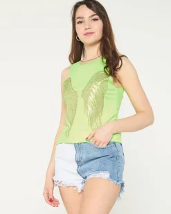 owy zielony damski top ze złotym nadrukiem skrzydeł Bluzki / Koszule / Koszulki