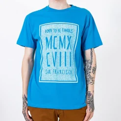 Sale Niebieska bawełniana koszulka męska z printem Bluzki