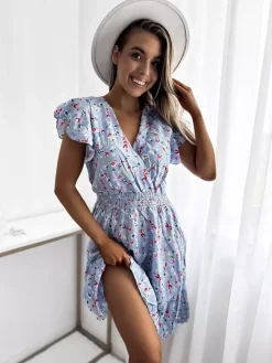 Outlet Niebieska sukienka damska mini z kwiecistym motywem Sukienki Letnie|Sukienki Krótkie