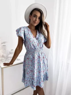 Outlet Niebieska sukienka damska mini z kwiecistym motywem Sukienki Letnie|Sukienki Krótkie