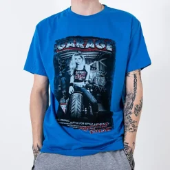 Niebieski bawełniany t-shirt męski zdobiony printem i napisem Bluzki