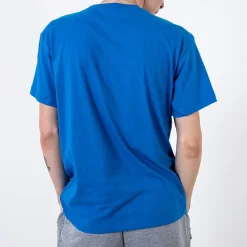 Niebieski bawełniany t-shirt męski zdobiony printem i napisem Bluzki