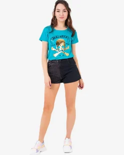 Discount Niebieski damski t-shirt z cekinami i napisami Bluzki / Koszule / Koszulki