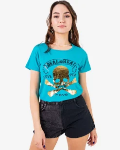 Discount Niebieski damski t-shirt z cekinami i napisami Bluzki / Koszule / Koszulki