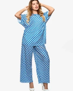 Sale Niebieski damski plisowany wzorzysty komplet Damskie Komplety Damskie