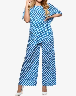 Sale Niebieski damski plisowany wzorzysty komplet Damskie Komplety Damskie