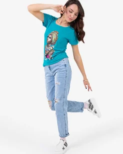 Best Niebieski damski t-shirt z kolorowym printem i cekinami Bluzki / Koszule / Koszulki