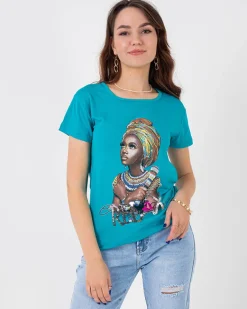 Best Niebieski damski t-shirt z kolorowym printem i cekinami Bluzki / Koszule / Koszulki