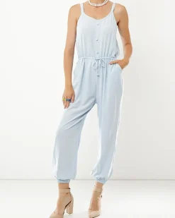Online Niebieski damski bawełniany kombinezon z guzikami Kombinezony