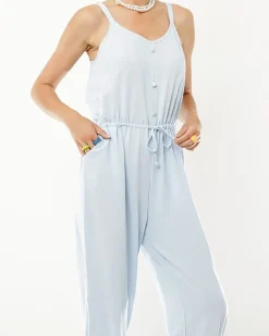 Online Niebieski damski bawełniany kombinezon z guzikami Kombinezony