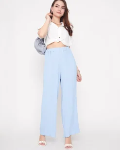 Sale Niebieskie damskie prążkowane szerokie spodnie palazzo Spodnie Materiałowe