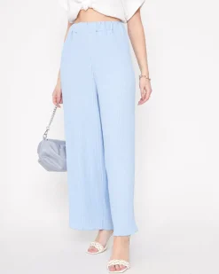 Sale Niebieskie damskie prążkowane szerokie spodnie palazzo Spodnie Materiałowe