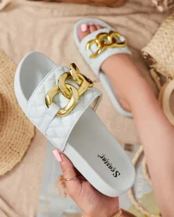 Best Niebieskie damskie pikowane klapki ze złotym łańcuszkiem Eteris Klapki Płaskie