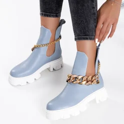 Clearance Niebieskie damskie botki z łańcuszkiem Tenkay Botki Bez Ocieplenia|Botki Na Płaskim Obcasie