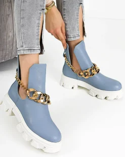 Clearance Niebieskie damskie botki z łańcuszkiem Tenkay Botki Bez Ocieplenia|Botki Na Płaskim Obcasie