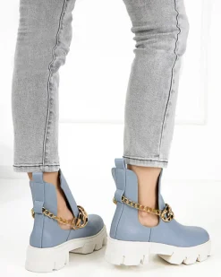 Clearance Niebieskie damskie botki z łańcuszkiem Tenkay Botki Bez Ocieplenia|Botki Na Płaskim Obcasie