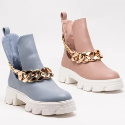 Clearance Niebieskie damskie botki z łańcuszkiem Tenkay Botki Bez Ocieplenia|Botki Na Płaskim Obcasie