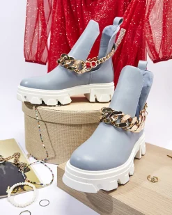 Clearance Niebieskie damskie botki z łańcuszkiem Tenkay Botki Bez Ocieplenia|Botki Na Płaskim Obcasie