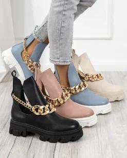 Clearance Niebieskie damskie botki z łańcuszkiem Tenkay Botki Bez Ocieplenia|Botki Na Płaskim Obcasie