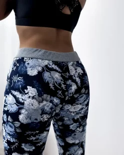 New Niebieskie damskie spodenki 3/4 z kwiatowym wzorem Spodenki 3/4|Krótkie Spodenki