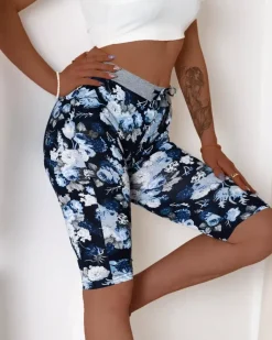 New Niebieskie damskie spodenki 3/4 z kwiatowym wzorem Spodenki 3/4|Krótkie Spodenki